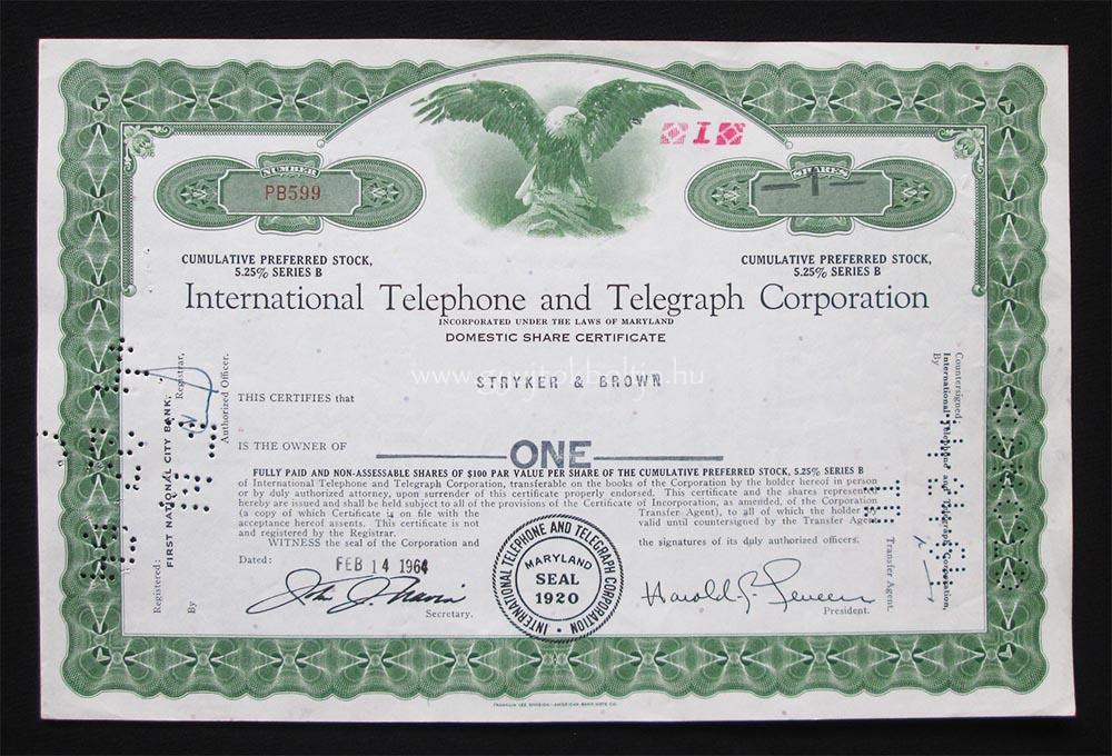 International Telephone and Telegraph (ITT) 1 részvény 1964